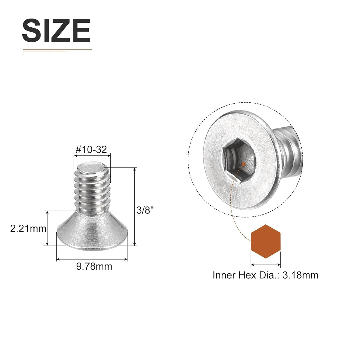 DTGN #10-32x3/8 Flat Head Socket Cap Screws 20Pack 304 SS Full Thread