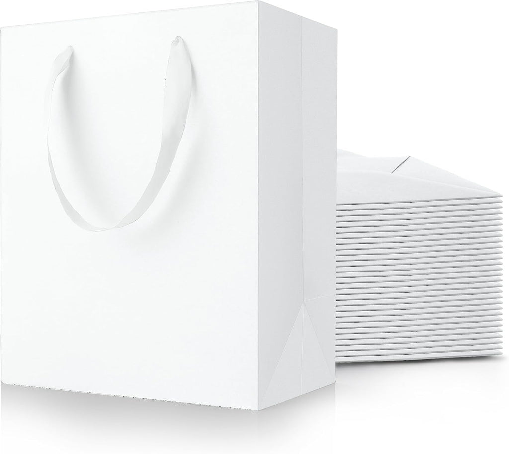White Gift Bags With Handles: 8x5x10 Inch 30pcs Medium Paper Gags Bulk For Birthday Wedding Party Shopping