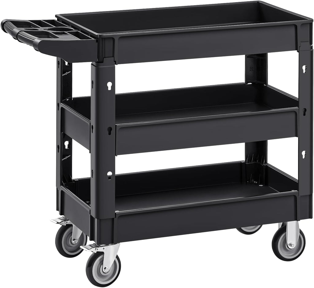 Utility Cart, 3-Tier Plastic Service Cart with 550LBS Capacity, 360° Swivel Casters (Including 2 Locking Wheels)