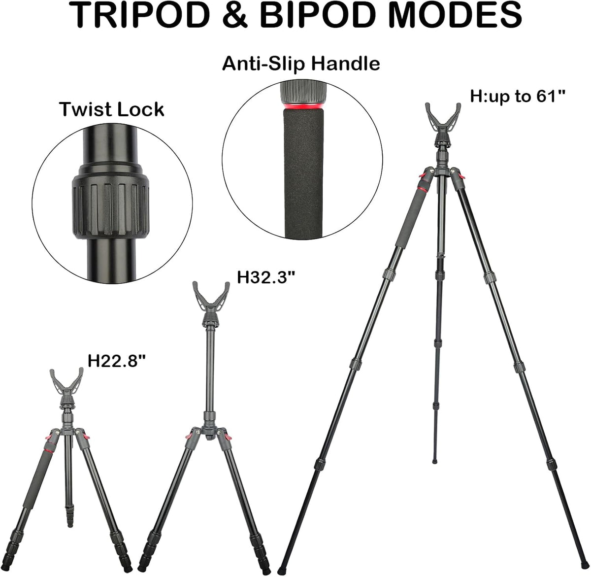 Adjustable Shooting Tripod for Rifles,Shooting Stick 3-in-1 Convertible Tripod/Monopod/Bipod, 22.8″-61″ Height