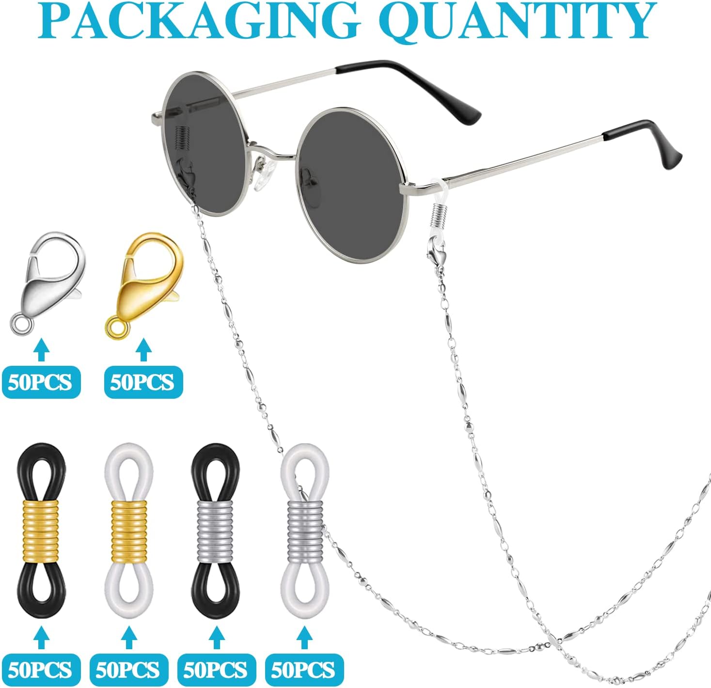 Eyeglass Chain Ends, Eyeglass Chain Connector, 200 Pieces Adjustable Spring Rubber Ends Connectors, 100 Lobster Clasp