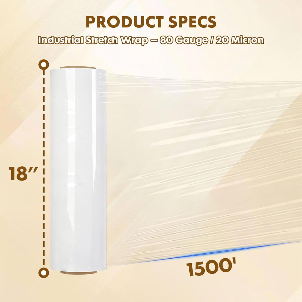 Stretch Wrap 18 Inch, 80 Gauge Pallet Wrap, 4 Rolls