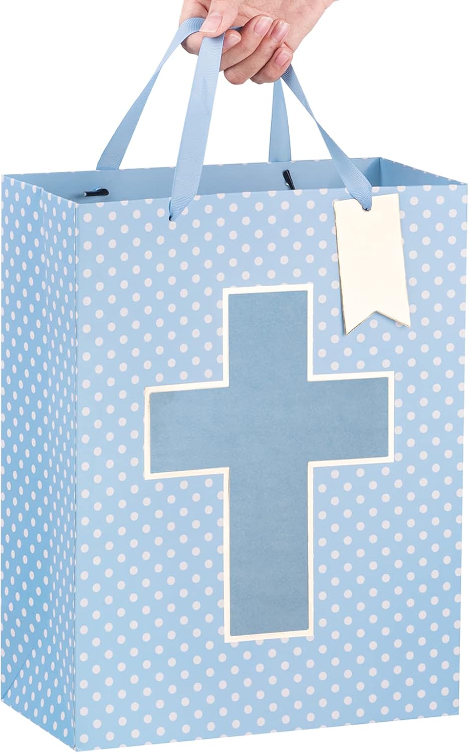 Blue Gift Bag with Cross Design, Tissue Paper for Baby Boy Baptisms, Christenings, First Communions Religious