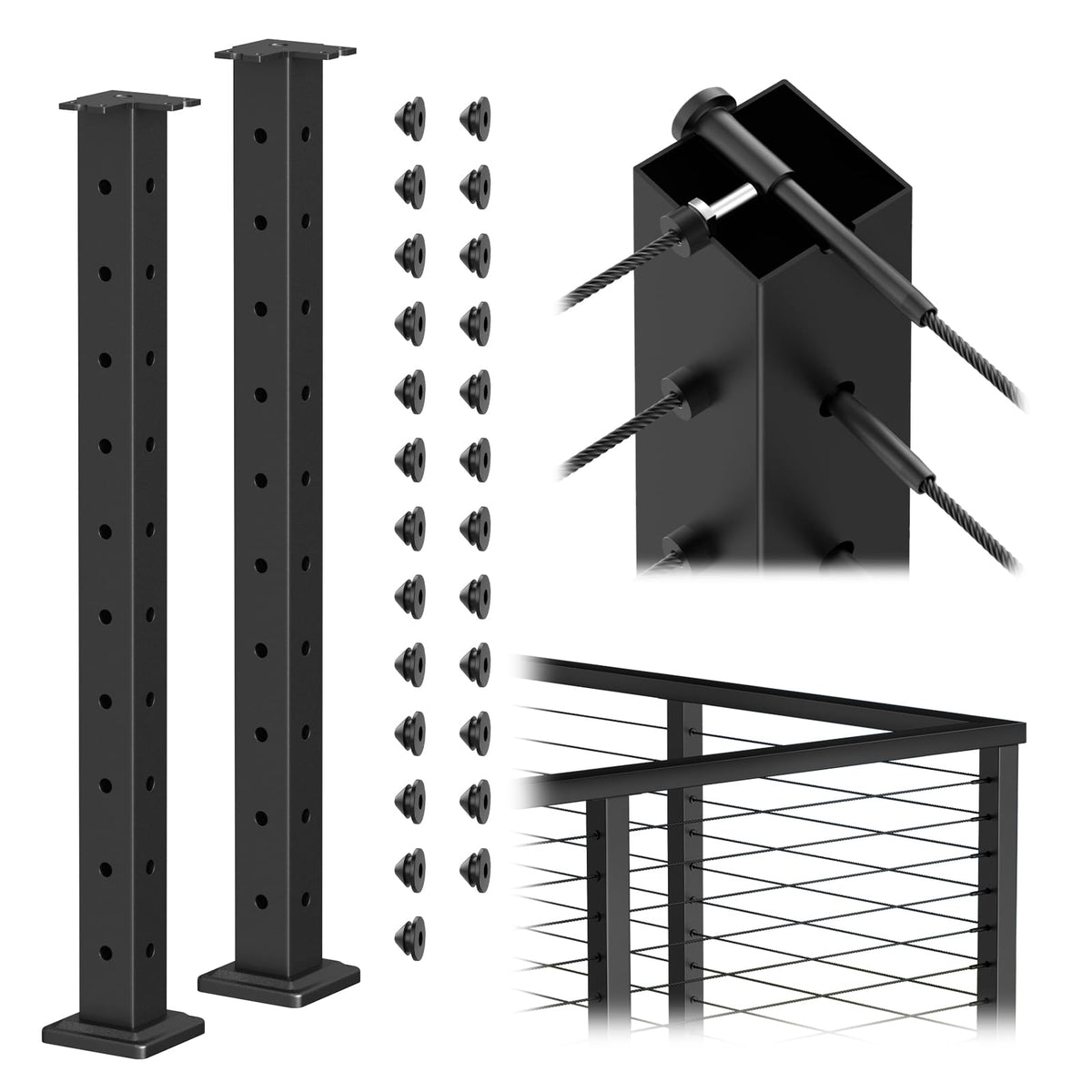 2Pack 36" Black Cable Railing Corner Post, 3-Side Drilled Corner Post