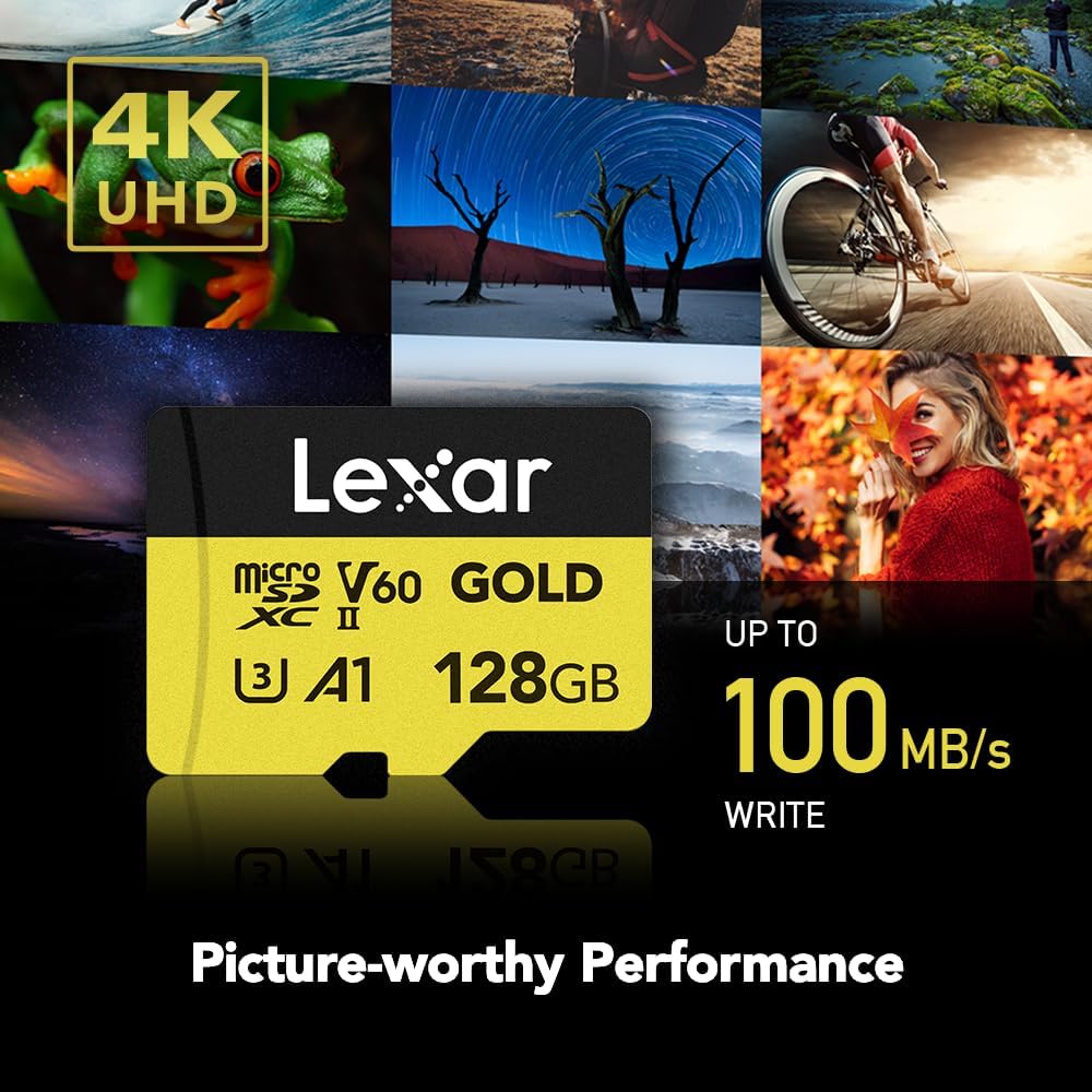 128GB Gold Micro SD Card, 280MB/s Read, 4K, V60, UHS-II, A1 | Compatible w/ Drones, Action Cameras, UHS-II Portable