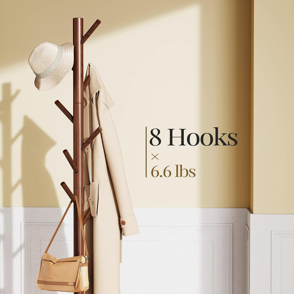 Solid Wooden Coat Rack Freestanding, Hall Tree with 8 Hooks, 3 Height Options for Coats, Hats, Handbags, and Scarves