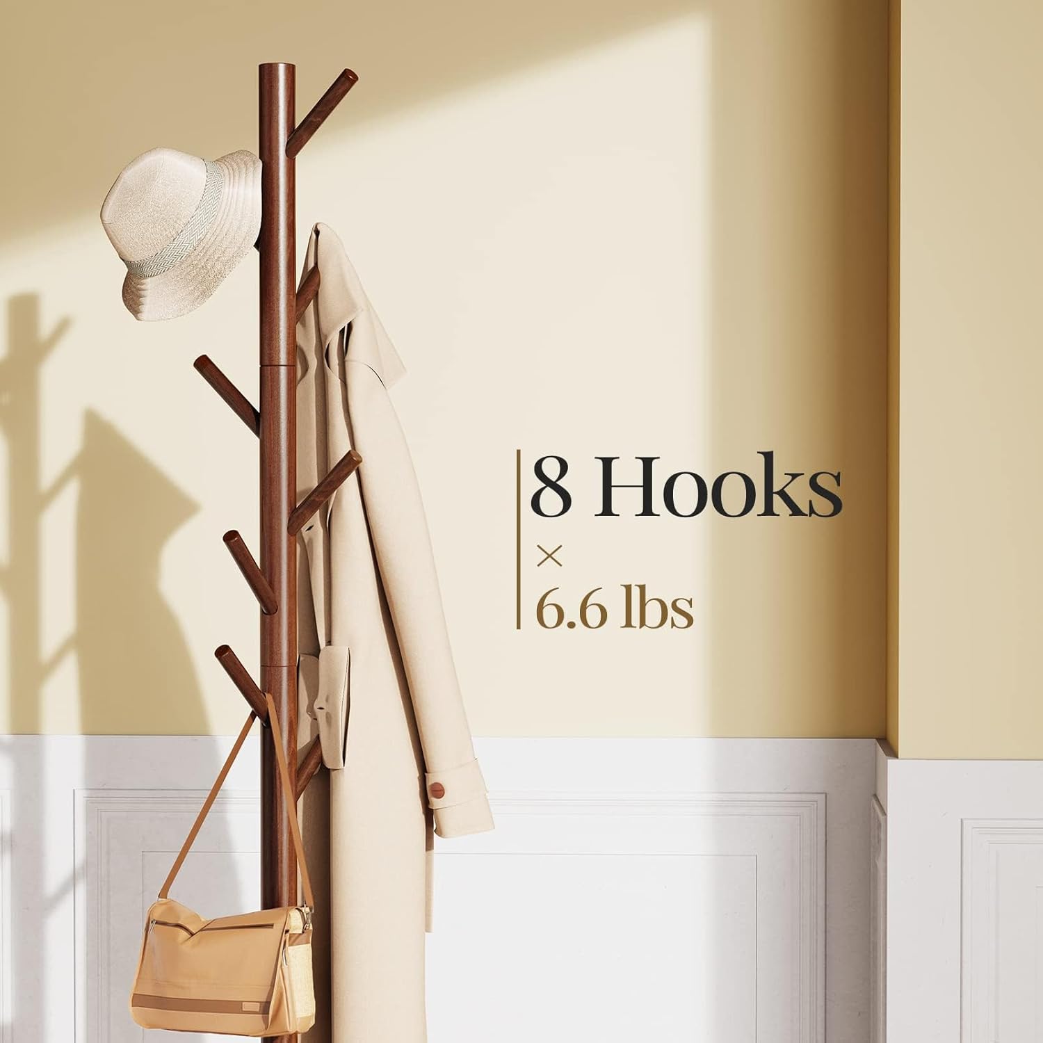 Solid Wooden Coat Rack Freestanding, Hall Tree with 8 Hooks, 3 Height Options for Coats, Hats, Handbags, and Scarves