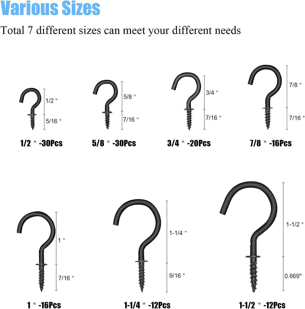 136PCS 7-Sizes Screw-In Hook Kit, Black Zinc Plated Cup Hooks for Home, Office & Workplace (1/2", 5/8", 3/4", 7/8"