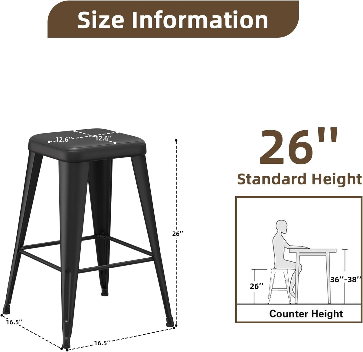 Bar Stools Set of 4, 26" Counter Height Bar Stools Backless, Upholstered Bar Stools with Metal Legs for Kitchen