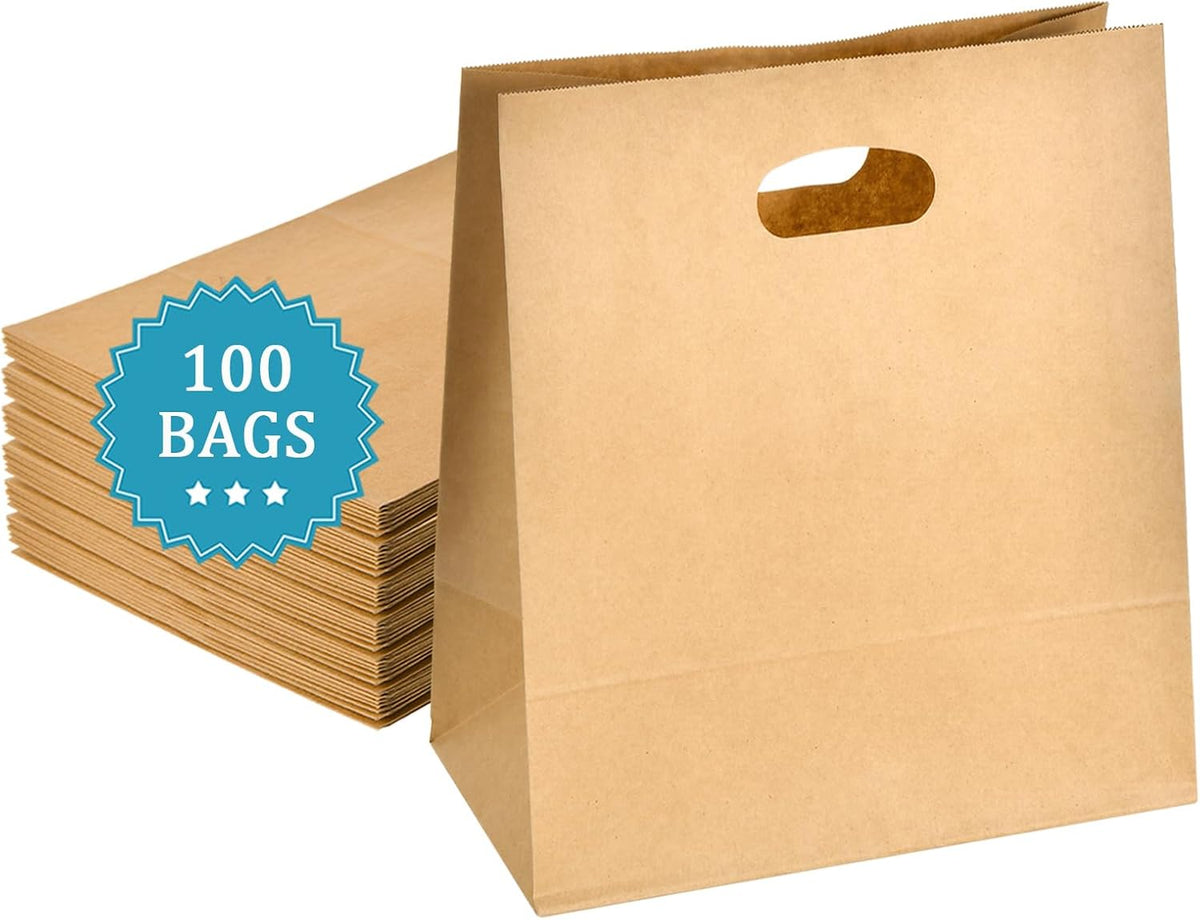 100Pcs Brown Kraft Paper Bags with Die Cut Handles 11" x 6" x 11"