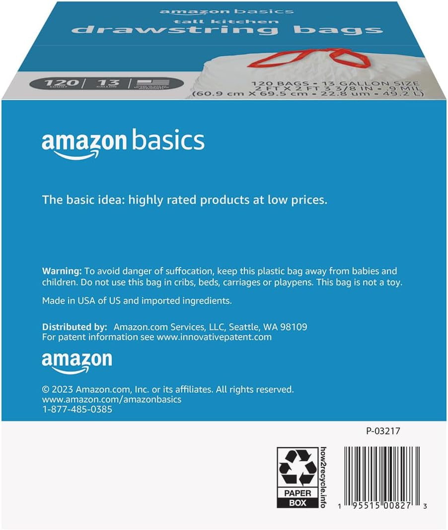 Tall Kitchen Drawstring Trash Bags, Sturdy and Tear Resistant, 13 Gallon, Unscented, 120 Count