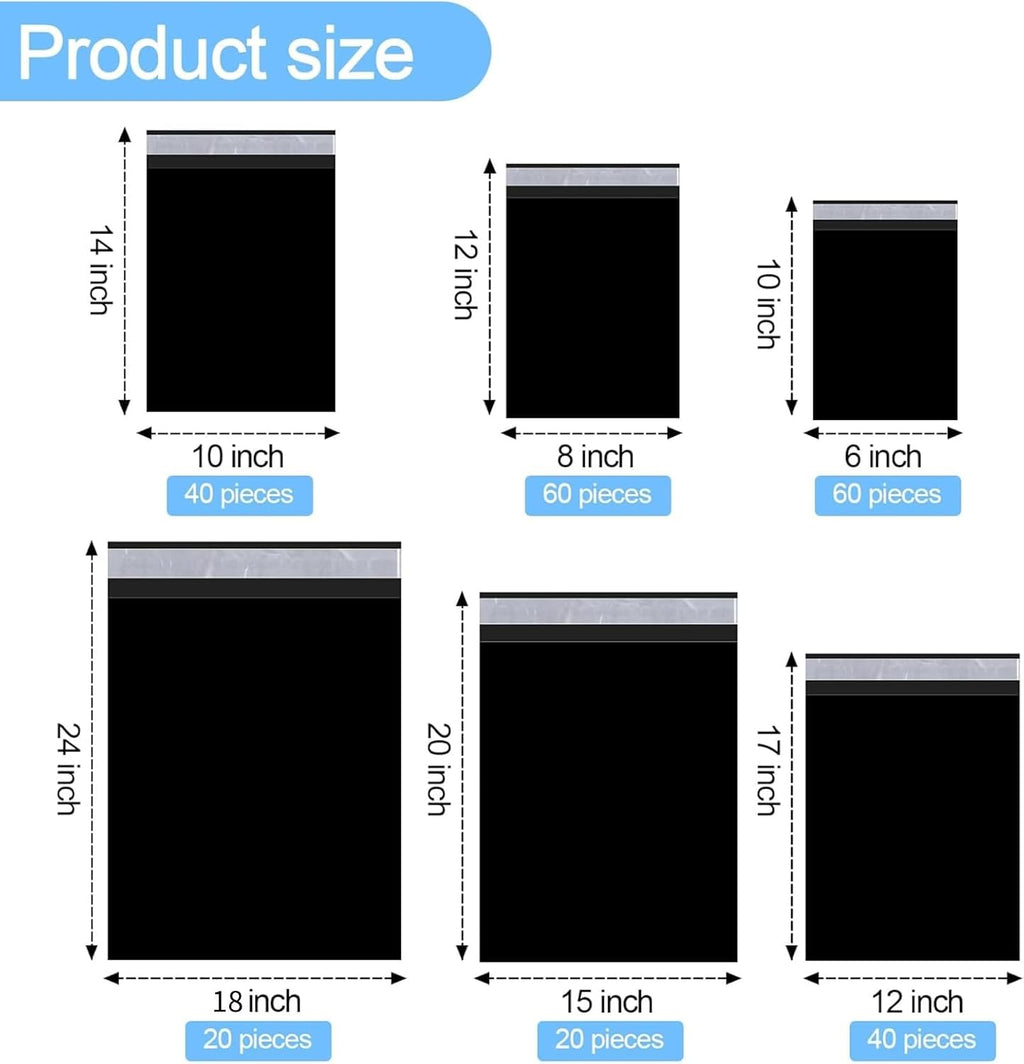 240 Pcs Poly Mailers Variety Size Pack Shipping Bags, Black