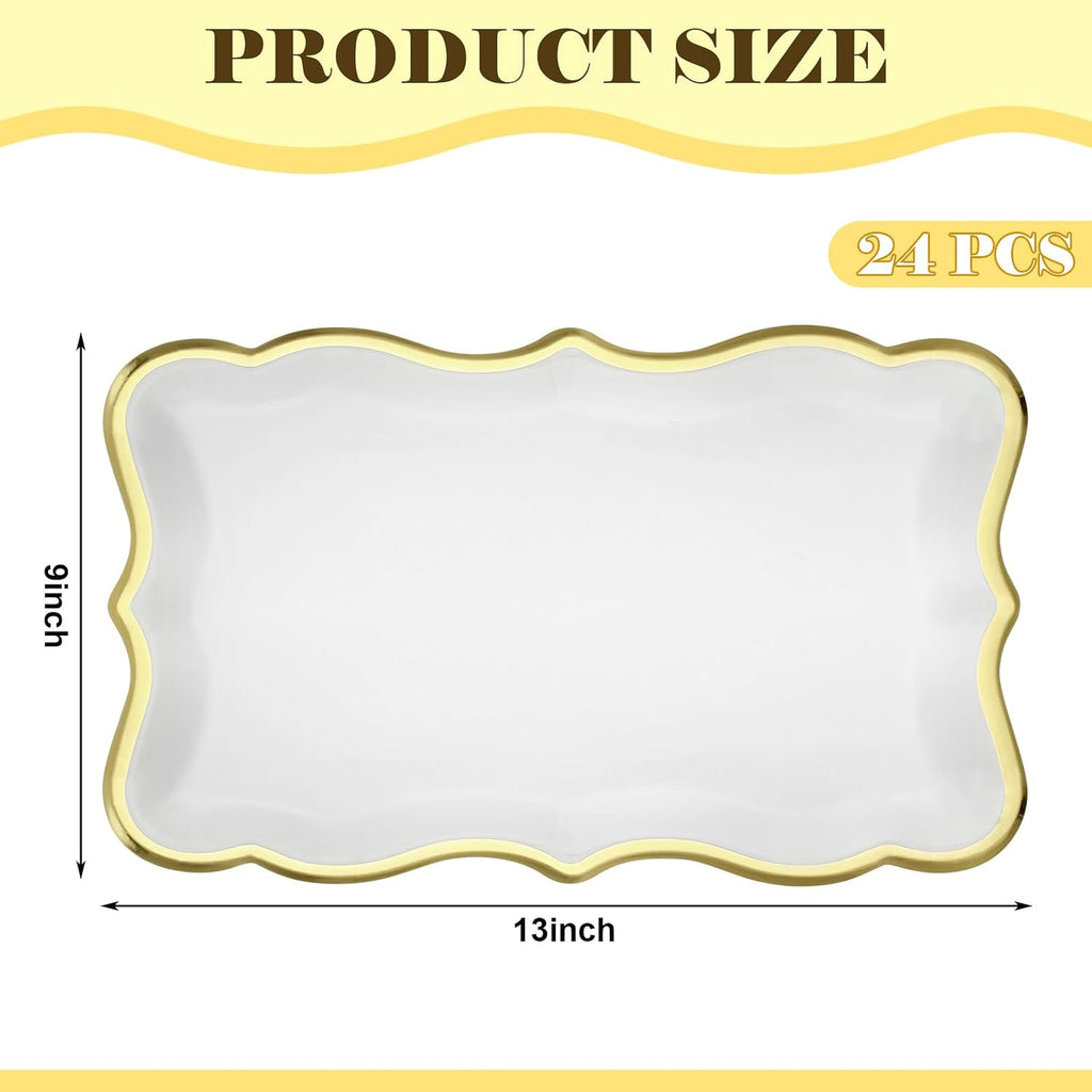24 Pcs Disposable Paper Serving Trays 9x13 Inch Gold Rim White