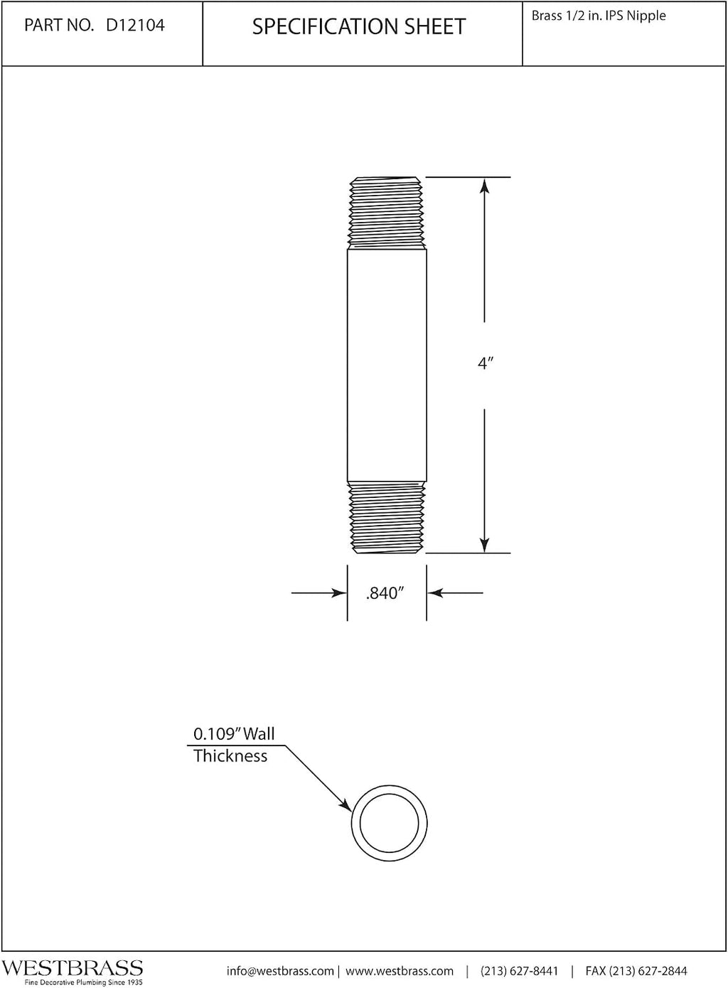 Westbrass D12104-26 ½” x 4" IPS Brass Pipe Nipple, Polished Chrome