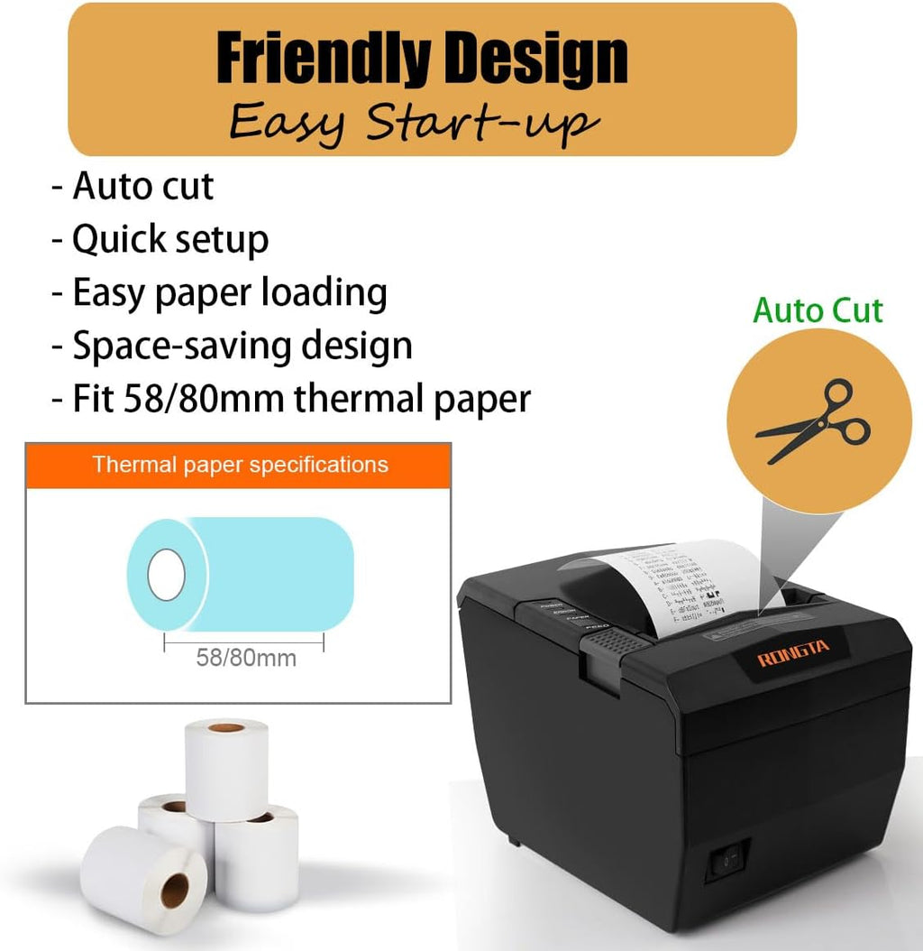 POS Receipt Printer, 80mm Thermal Printer with USB/Serial/Ethernet and Auto Cutter for Kitchen and Retail Use, Cash