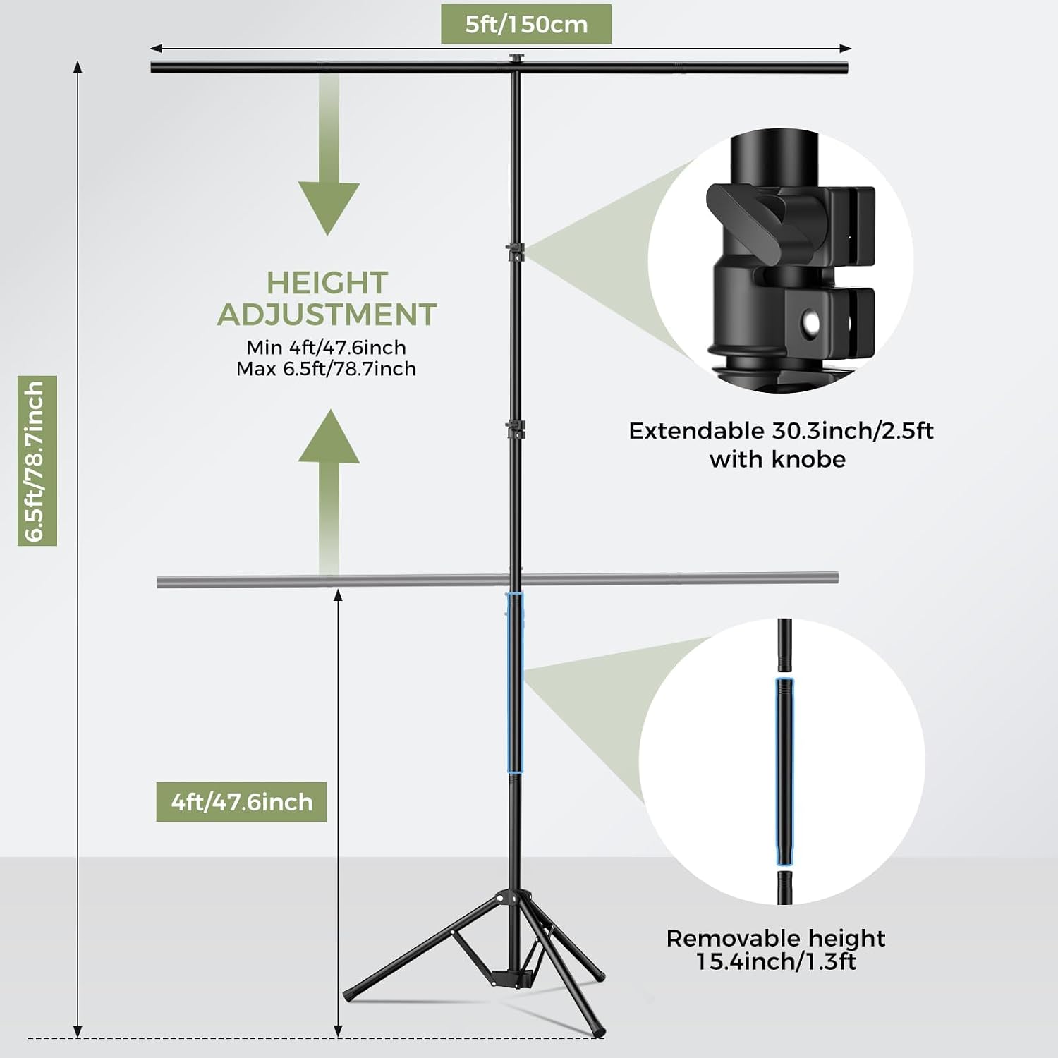 5x6.5ft Green Screen Backdrop Kit with T-Shape Stand and 6 Clamps | Reverse folding base for easy storage &