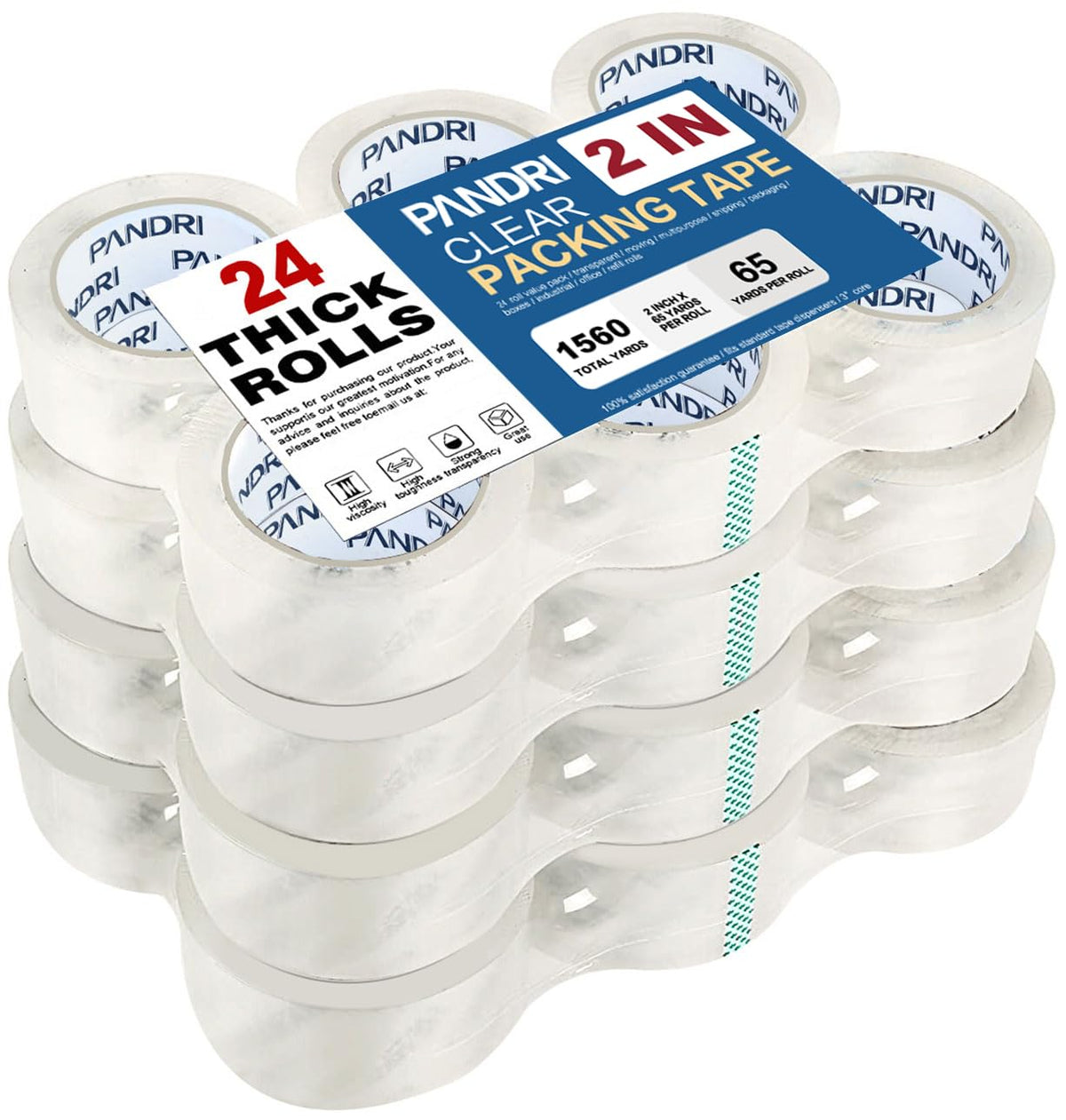 24 Pack Heavy Duty Packing Tape, 2" x 65yd Per Roll, Total 1560yd