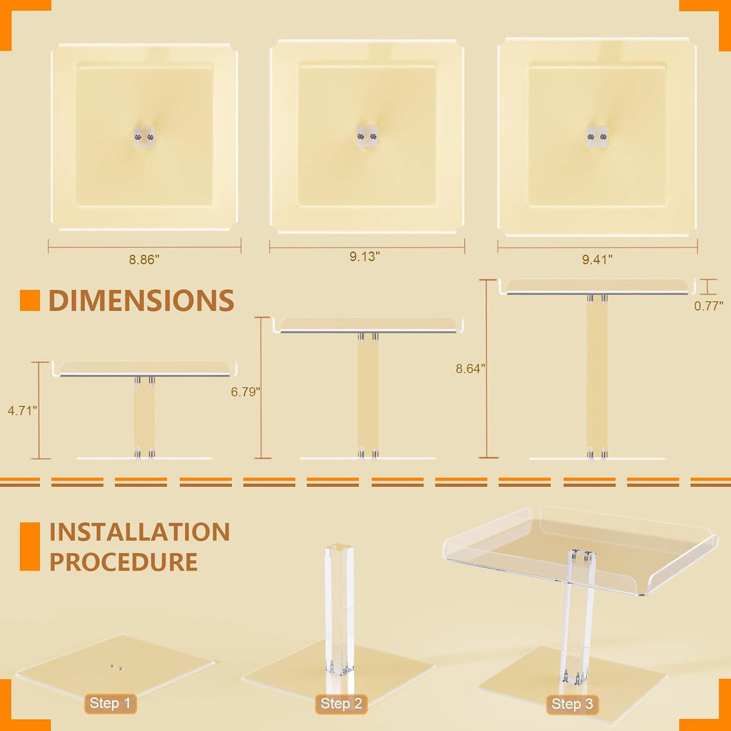3 Piece Cupcake Stand, Acrylic Dessert Table Display Set, Clear Square Serving Trays for Birthday, Wedding, Baby Shower