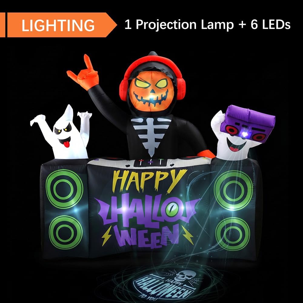 6 FT Halloween Inflatable Pumpkin Grim Reaper DJ Outdoor Décor | LED Projector Lighting, Fast Auto Inflate, Wind