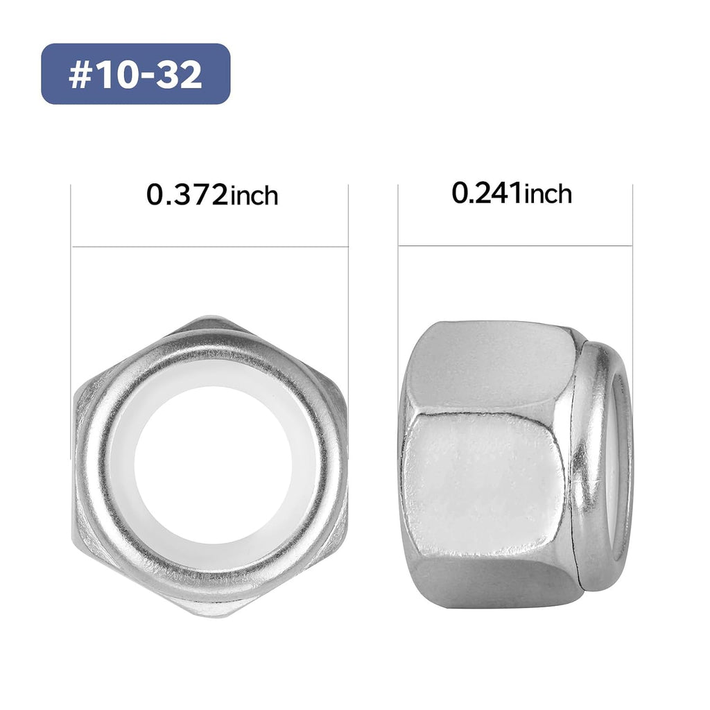 50Pcs #10-32 Lock Nuts, Nylon Insert Locknuts 304 Stainless Steel 18-8 SS Self-Locking Nuts, Fine Thread Hex Nylock Nut