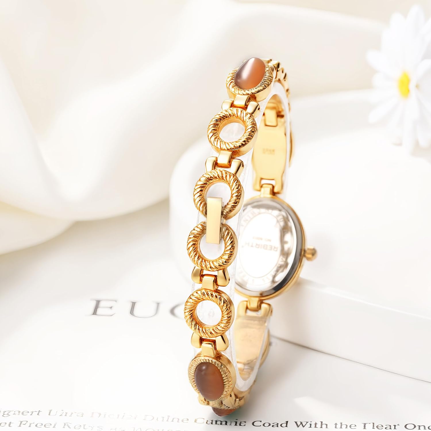 Women's Oval Bracelet Watch: Detachable Strap with Quartz Cat's Eye Stone Vintage Gold Watches Small Dainty 3ATM