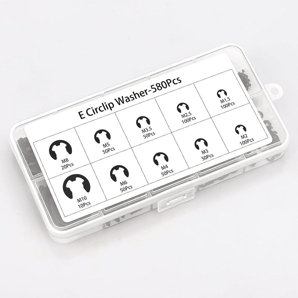 580Pcs Black Alloy Steel E-Clip Assortment Kit, Retaining Rings M1.5-M10