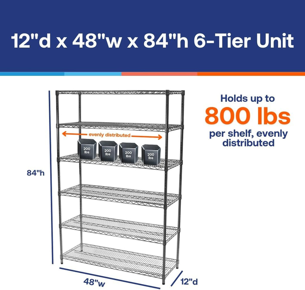 Shelving Inc.12 d x 48" w x 84" h Chrome Wire Shelving with 6 Tier Shelves, Weight Capacity 800lbs Per Shelf