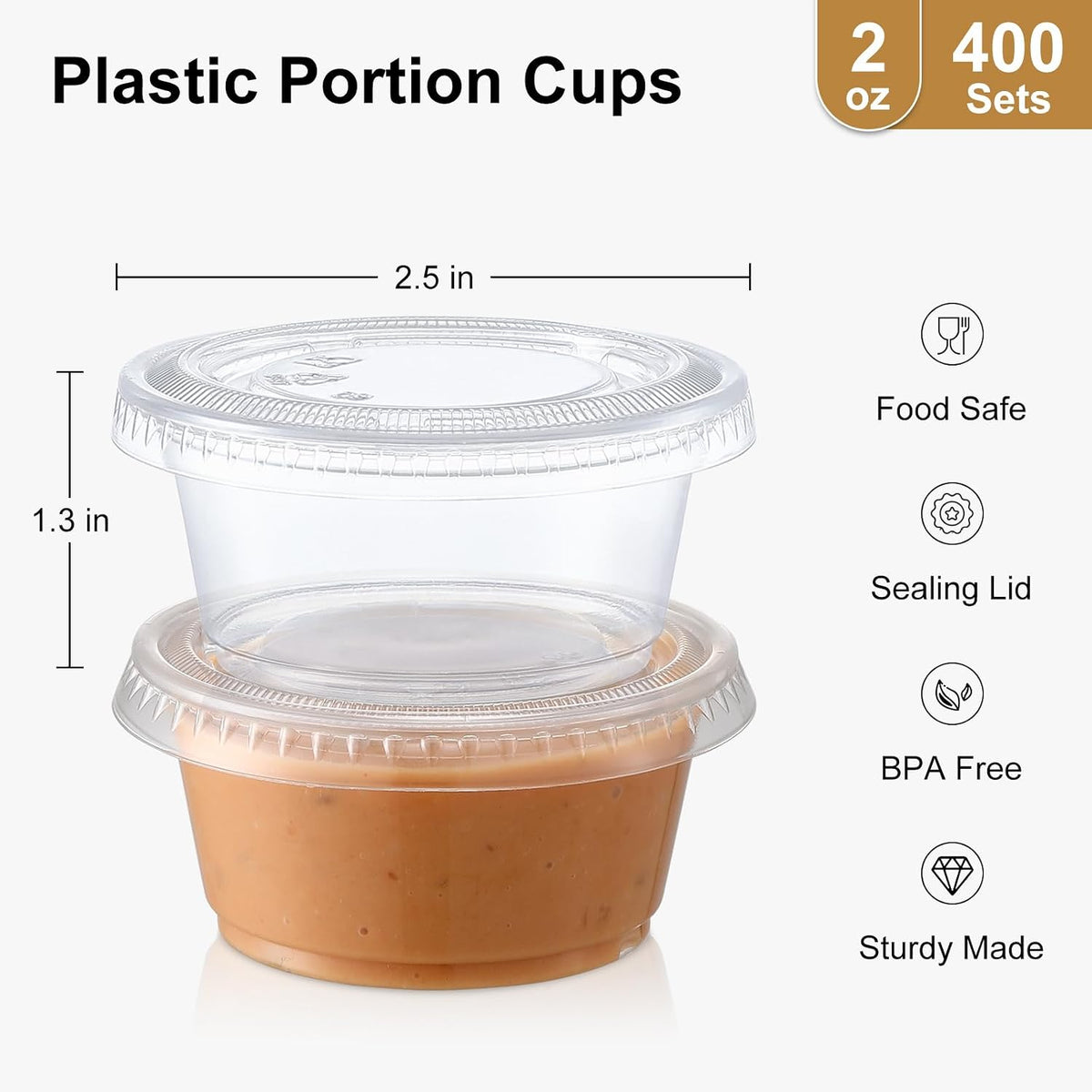 400 Set 2 oz Jello Shot Cups with Lids, Stackable Food Safe Disposable Plastic Portion Condiment Dipping Sauce Cups