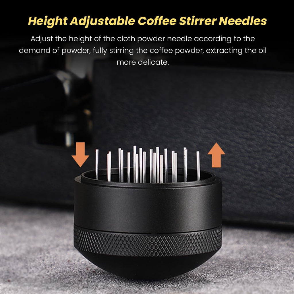 LOCADENCE Espresso Distribution Tools, Depth Adjustable Espresso Coffee Stirrer with Stainless Steel Needle, Portable Espresso Distributor with Base for Home Office, Coffee Lovers (53MM)