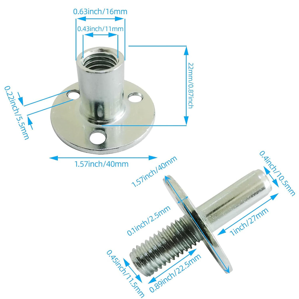 4 Sets M12 Metal Bed Post Connector T-Nut Post Connector Screw-in Butt Nut