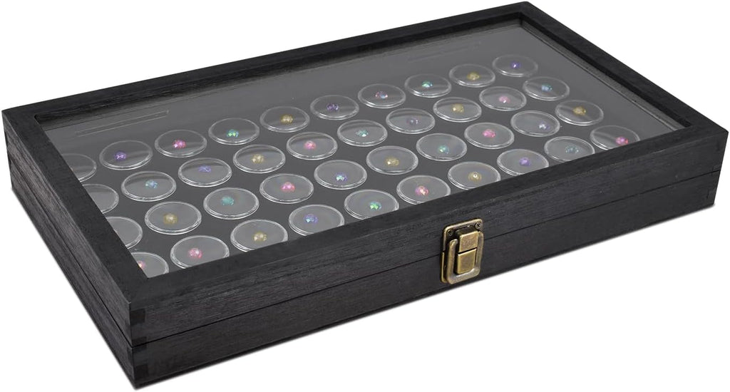 Glass Top Black Jewelry Display Case Box 50 Gem Jars | Black glass-top jewelry case with 50 gem jars keeps gemstones