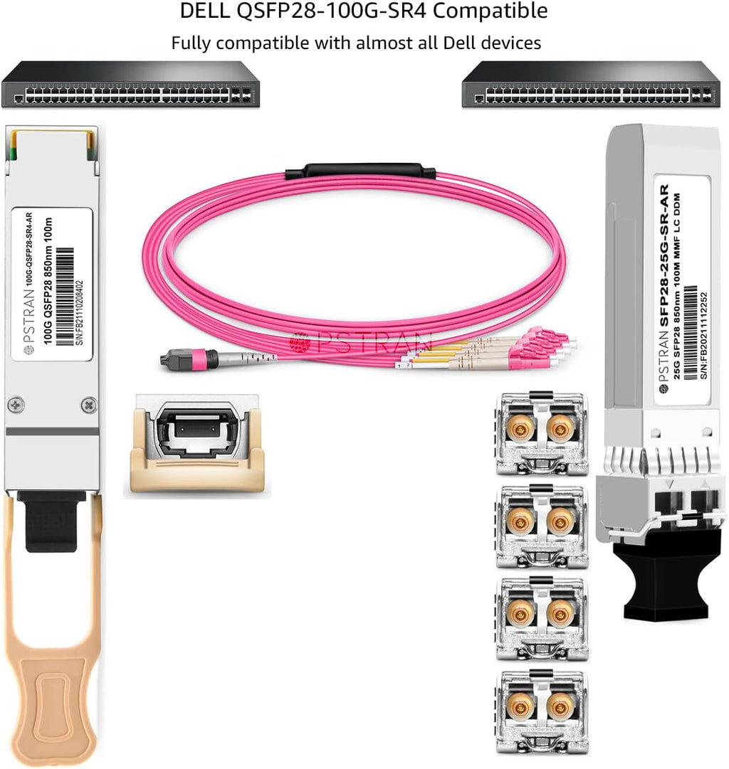 100GBASE-SR4 QSFP28 Optical Transceiver Module Compatible with Dell QSFP28-100G-SR4 100G QSFP28 SR4 850nm 100m DDM MPO-12/UPC MMF
