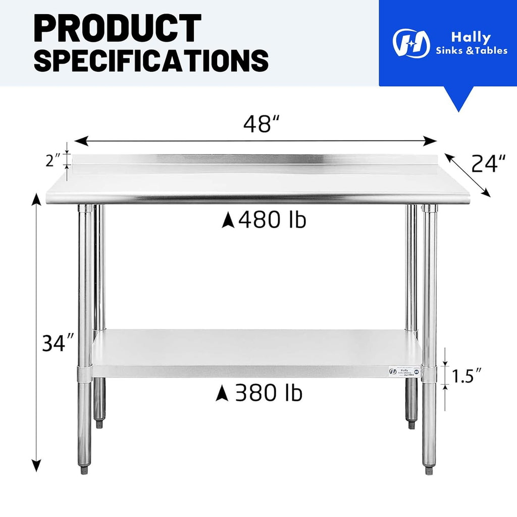 Hally Stainless Steel Table for Prep & Work 24" x 48" with Backsplash NSF