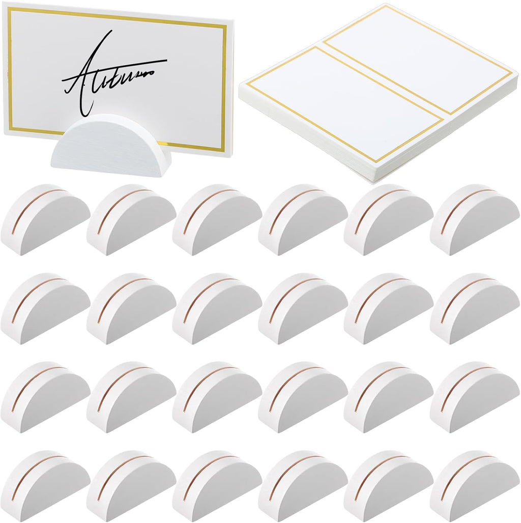 24 Pcs Wooden Table Number Stands with Tented Cards,White | Place Card Holders for Weddings, Semicircle Wood Base