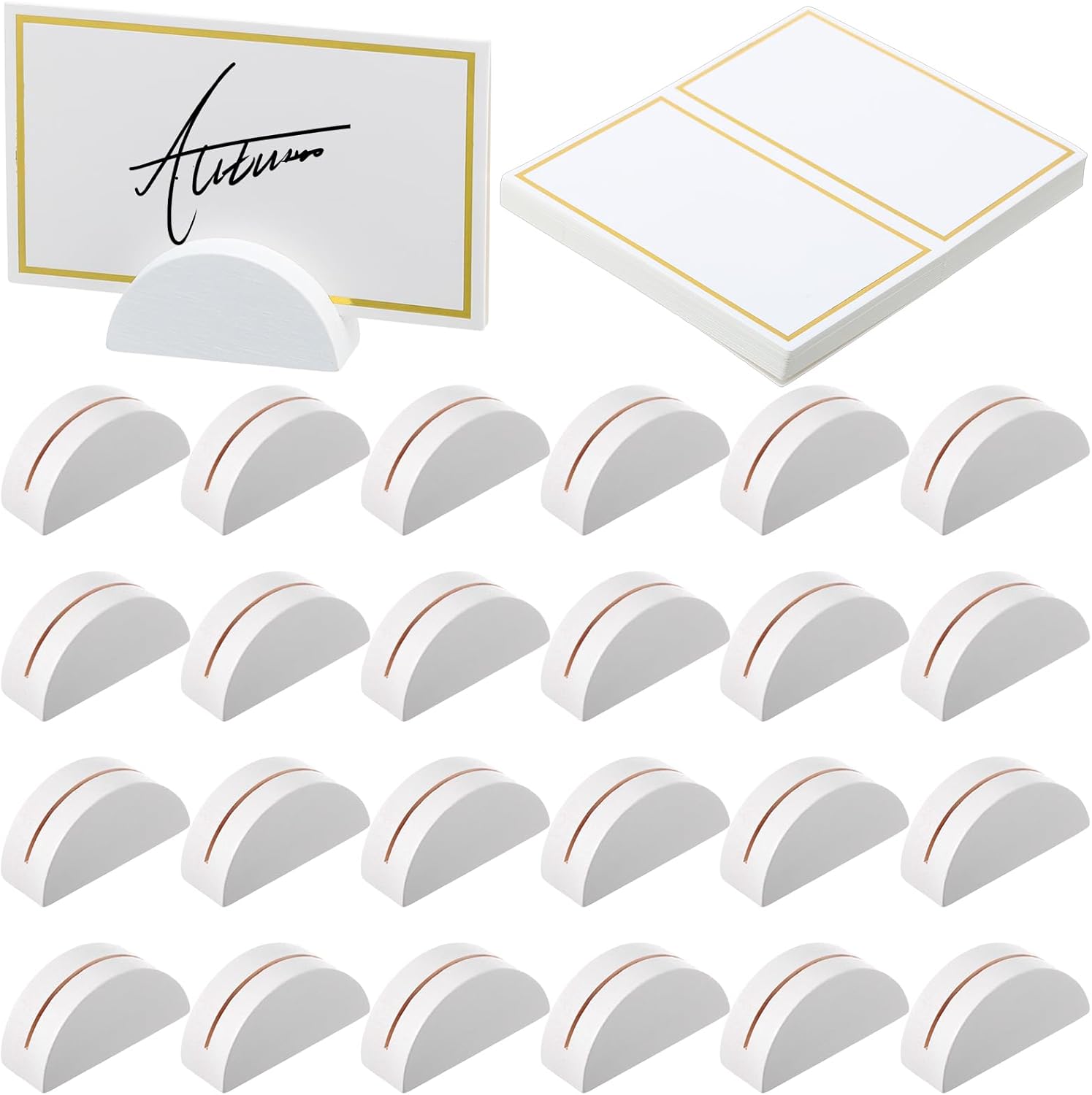 24 Pcs Wooden Table Number Stands with Tented Cards,White | Place Card Holders for Weddings, Semicircle Wood Base
