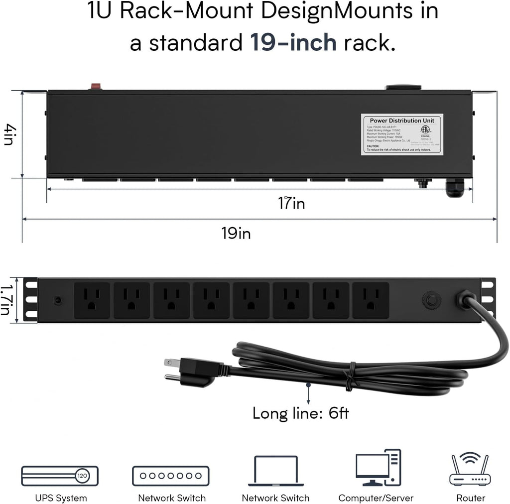 8 Outlet Horizontal 1U Rack Mount PDU Power Strip with Surge Protector - 110V/15A - 6ft Power Cord for Network Server