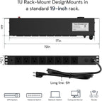 8 Outlet Horizontal 1U Rack Mount PDU Power Strip with Surge Protector - 110V/15A - 6ft Power Cord for Network Server