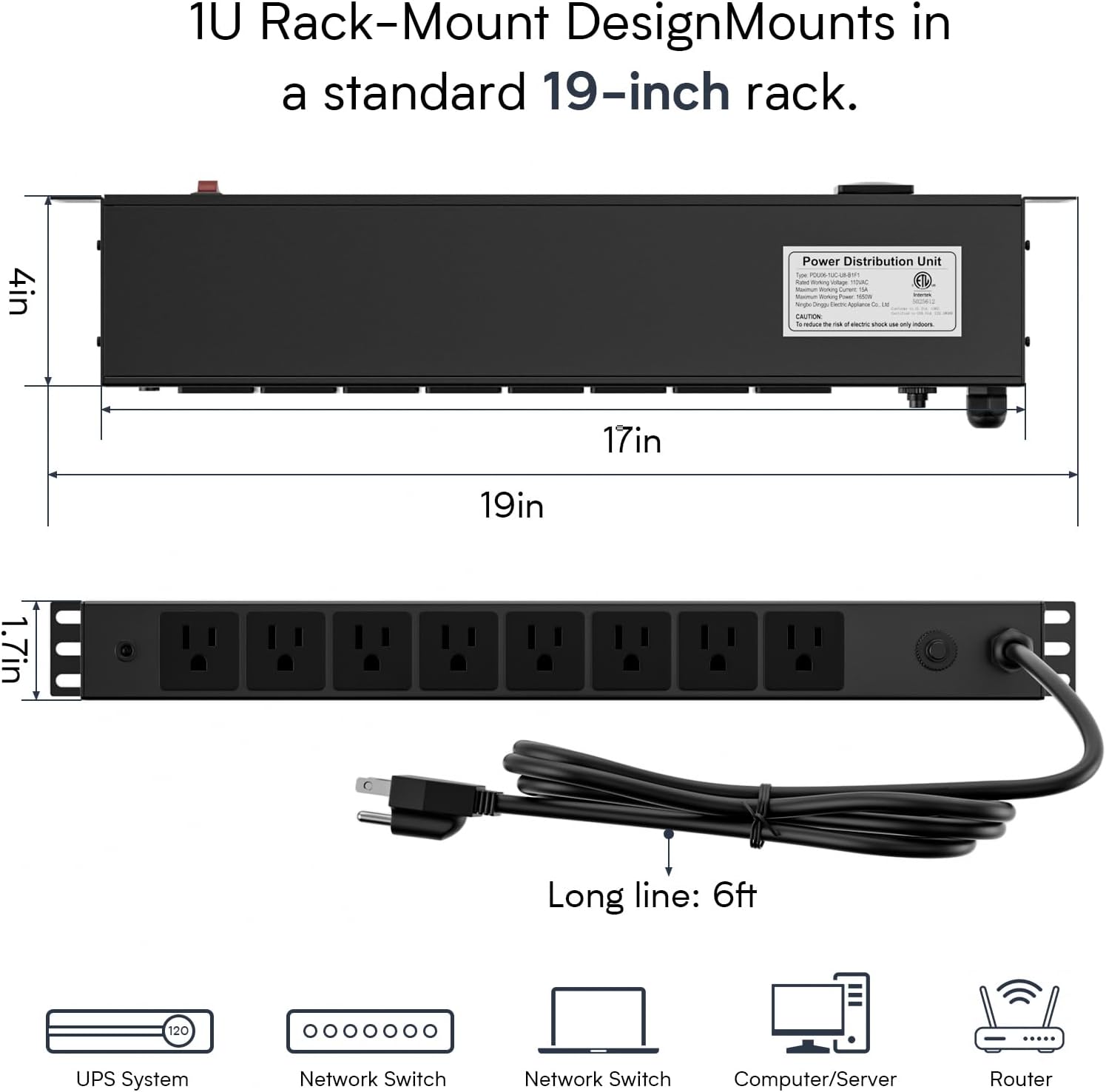 8 Outlet Horizontal 1U Rack Mount PDU Power Strip with Surge Protector - 110V/15A - 6ft Power Cord for Network Server