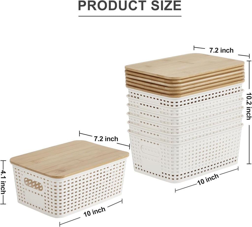 Small Plastic Storage Bins with Bamboo Lids 5.2qt Stackable Box Basket Pantry Decorative Containers Cute with Labels