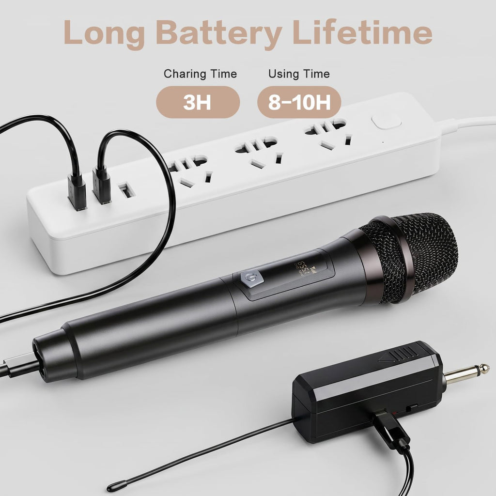 Wireless Microphone, Rechargeable Fixed Frequency Handheld Wireless Mic, Dual Cordless Dynamic Mic with Rechargeable