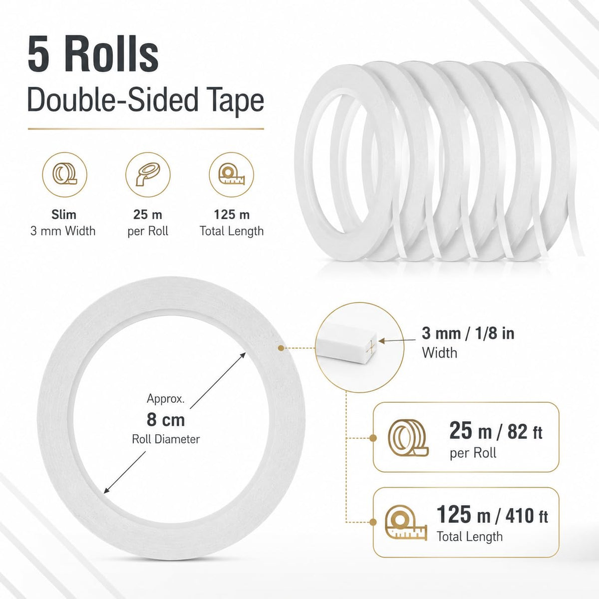 5 Rolls Double Sided Tape for Crafts Scrapbooking, 1/8" Thin Double Sided Adhesive Tape, 82Ft Per Roll