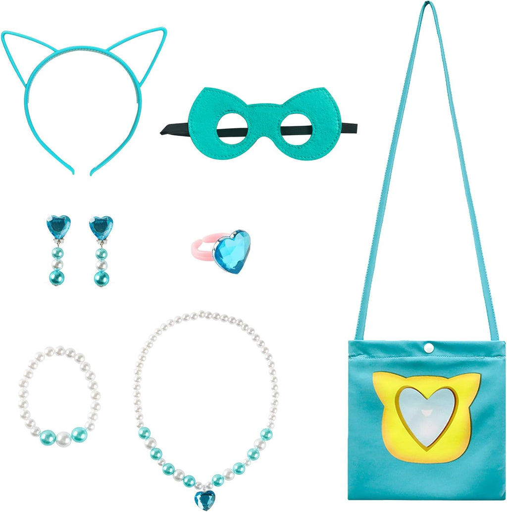 Girls Superhero Dress with Mesh Sleeves,Cat Eyes Mask and Cute Necklace for Halloween Birthday Party Outfits