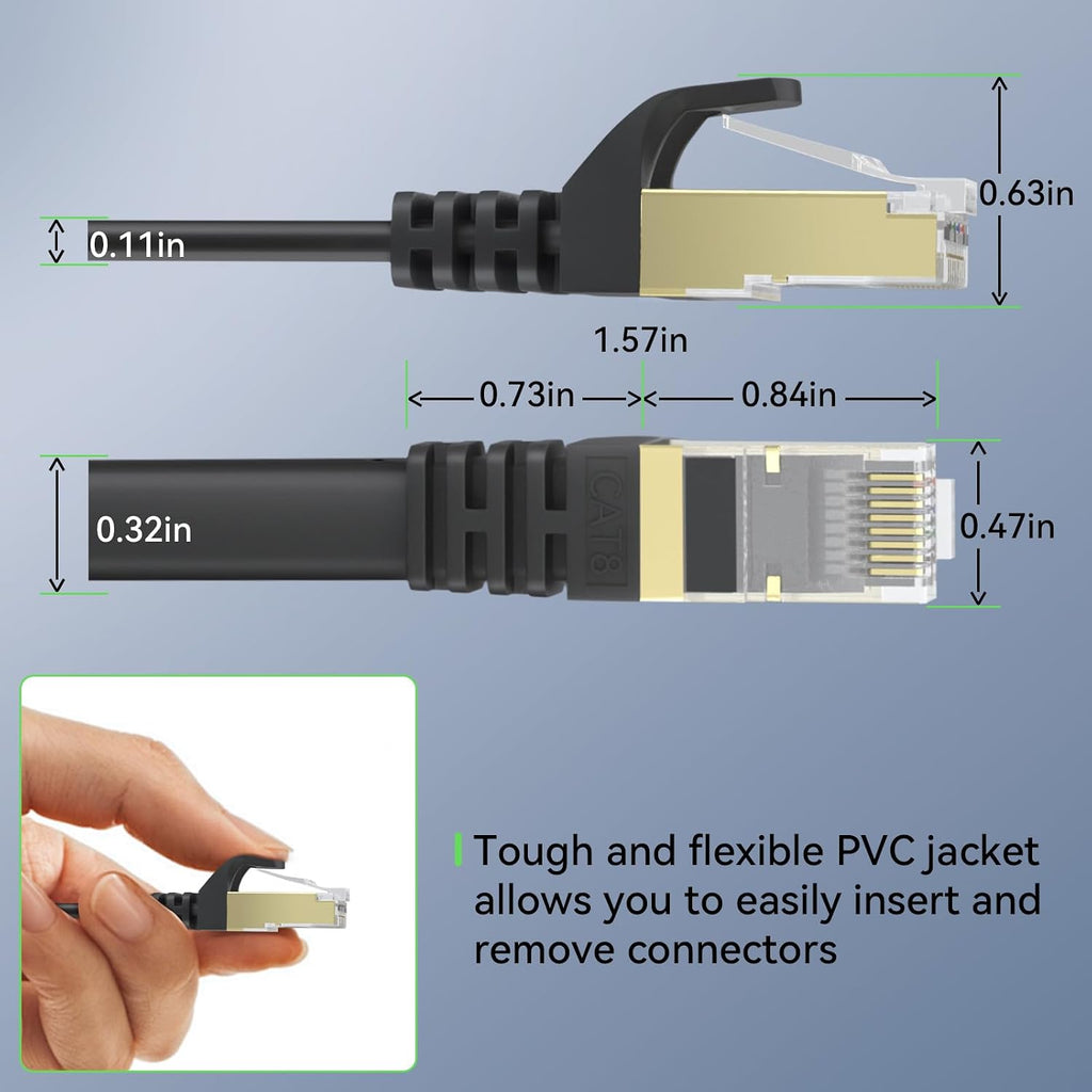 Cat 8 Ethernet Cable 50 FT, 40Gbps 2000MHz Cat8 High Speed Flat Internet Network Patch Cord, SFTP Shielded LAN Wire