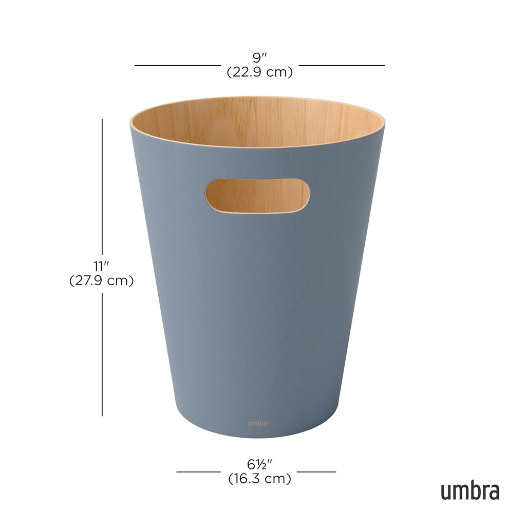 Woodrow Trash Can, Wooden Wastebasket, 2 Gallon, Slate Blue | Beech wood construction, integrated carry handles