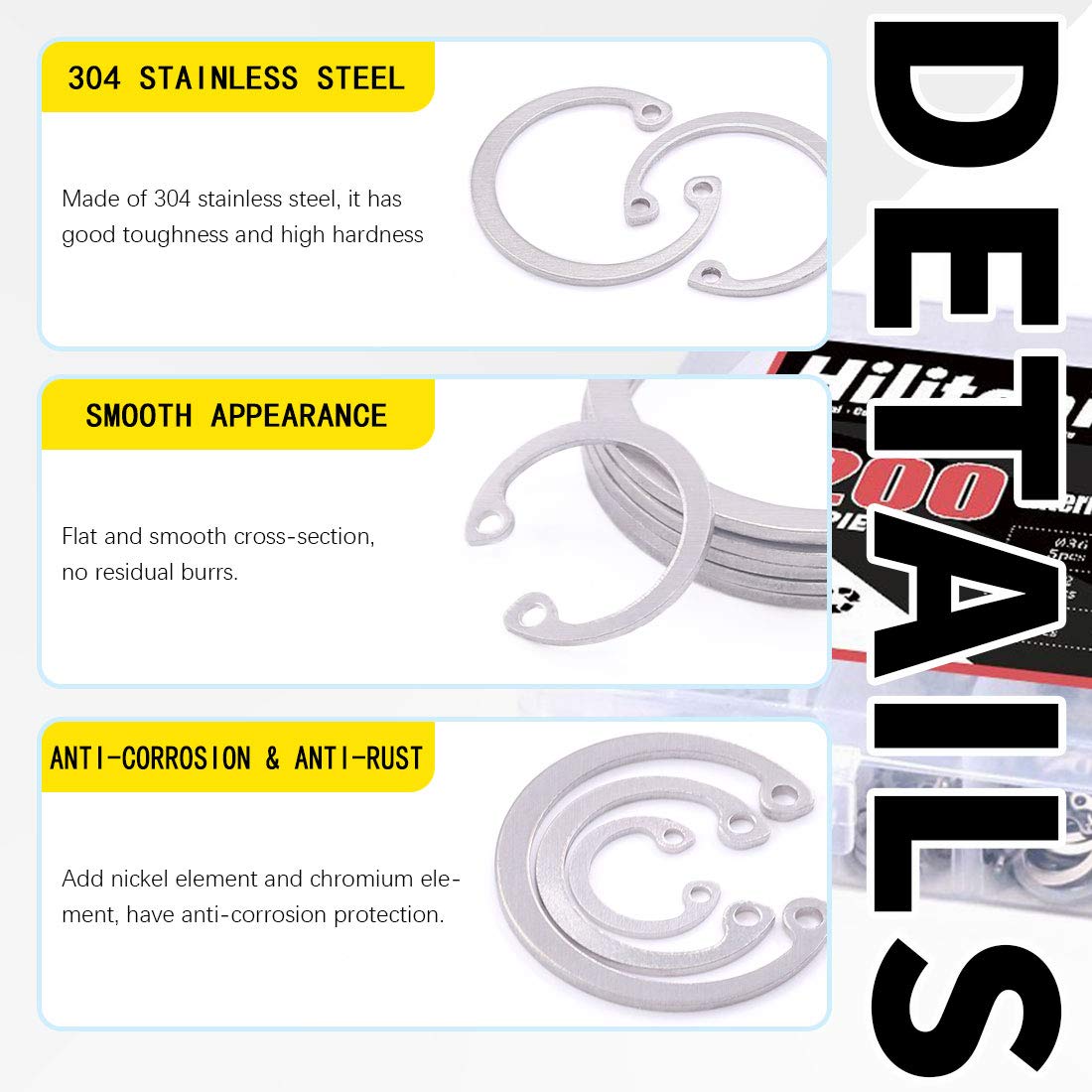 Hilitchi 200Pcs 15Sizes 304 Stainless Steel Internal Snap Ring Circlip Snap Retaining Clip Ring Assortment Set