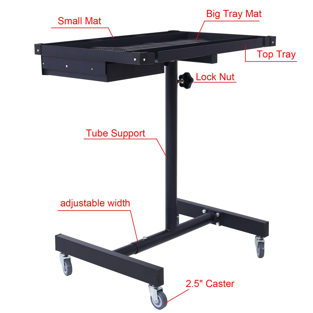 Rolling Tool Tray with Wheels, Heavy Duty Adjustable Work Table with Drawers, Tear Down Work Table with Drawer for