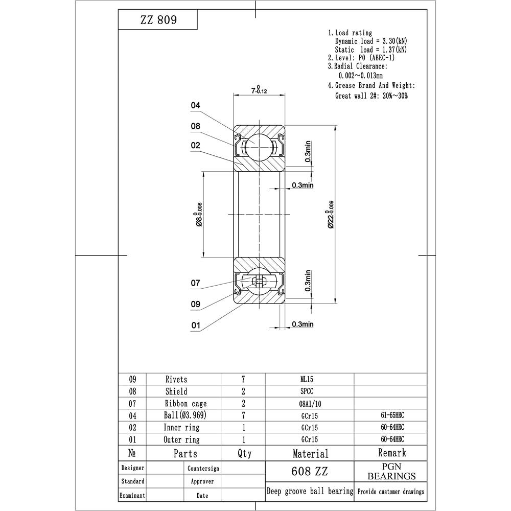 PGN 608-ZZ (10 Pack) Ball Bearing 8x22x7mm Chrome Steel Shielded