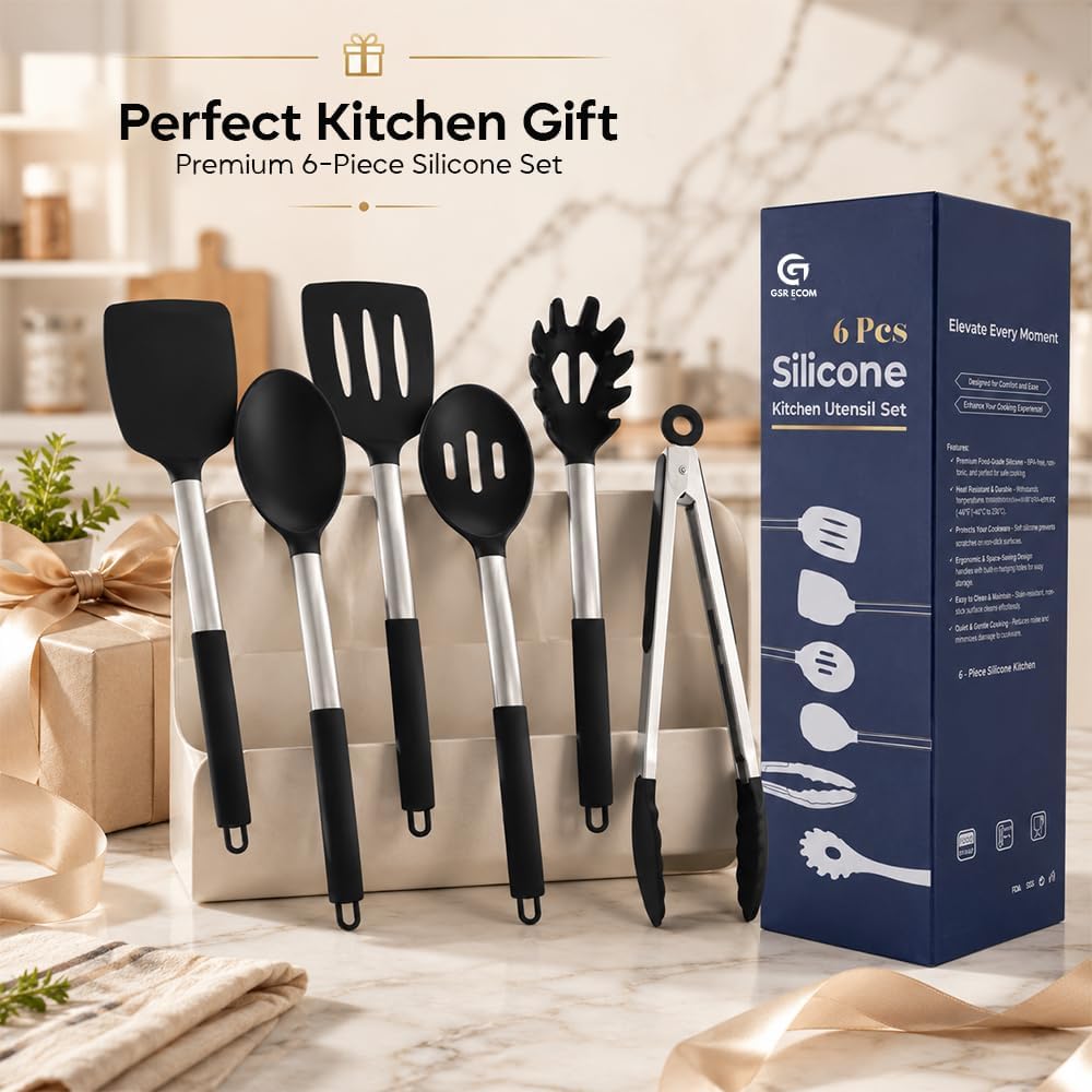 Silicone Cooking Utensils Set 6 PCS, Heat Resistant Non Stick Spatula Spoon Turner Kitchen Tools – BPA Free Non-Toxic