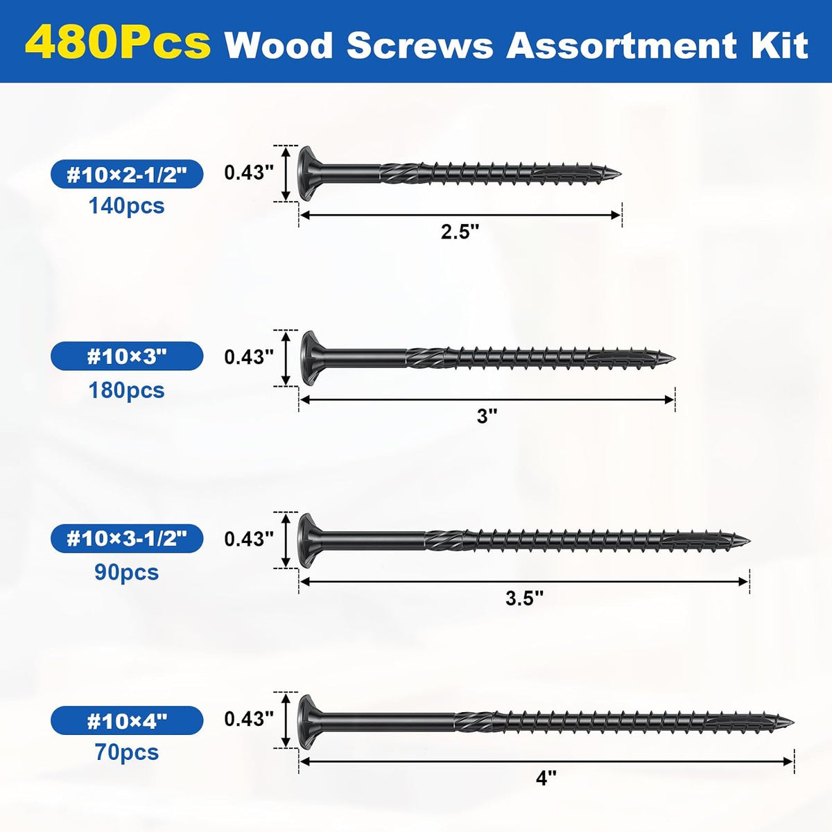 #10 Wood Screws Assortment Kit, 480Pcs 4Sizes Screws Set Assorted Screws