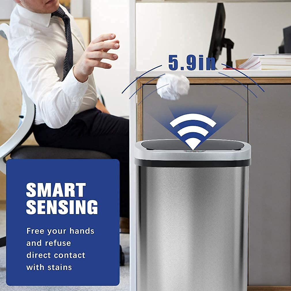 13 Gallon Kitchen Trash Can Stainless Steel Garbage Bin with Lid Automatic Touch Free High-Capacity Waste Bin Metal